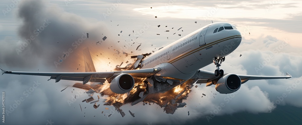 A harrowing scene unfolds as the airplane falls apart in mid-air, with explosions and sparks erupting as parts break away from the aircraft. - obrazy, fototapety, plakaty 