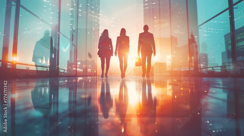 Three people walking down a glass walkway in front of city lights, AI