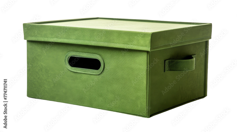 A green storage box with a handle sits elegantly on a table A green storage box with a handle sits elegantly on a table