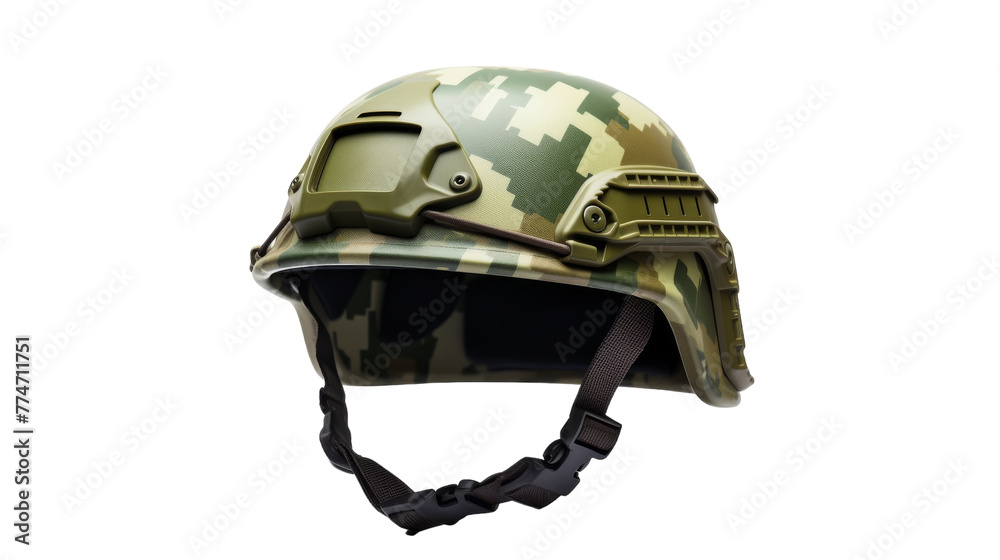 Naklejka premium A helmet adorned with a camouflage pattern, blending seamlessly with nature