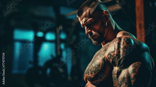 Muscular bearded body tattoed man training in gym. Exercise for the muscles
