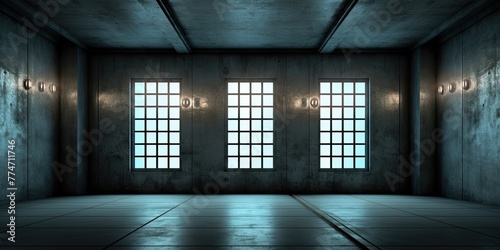 A large empty room with three windows. The windows are all closed and the room is very dark