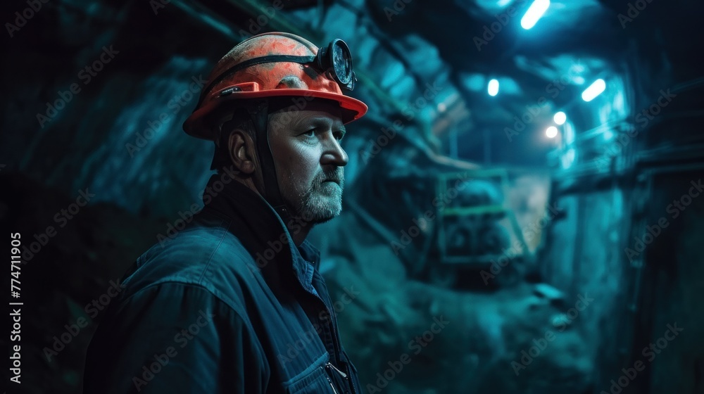 Worker in hard hat standing in the mine