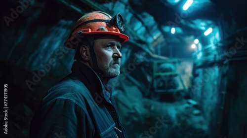 Worker in hard hat standing in the mine