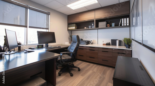 interior of a modern professional office reception area with recessed ceiling lighting, and a reception desk.