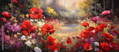Vibrant painting depicting a beautiful field filled with blooming red poppies and assorted flowers in various shades and sizes photo