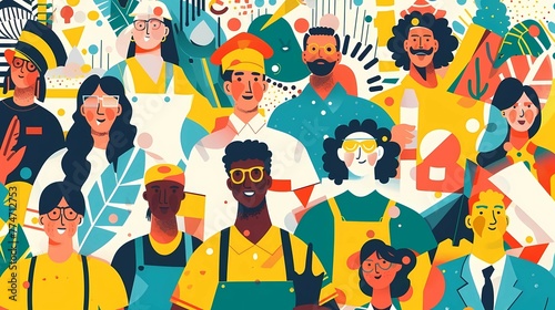 Colorful illustration for May 1st Labor Day, a large advertising banner with a group of people from different professions