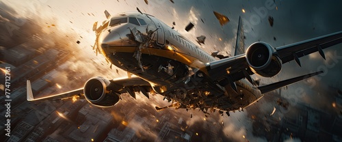 Amidst a flurry of explosions and sparks, the airplane undergoes a catastrophic disintegration during its flight, sending debris scattering in every direction.