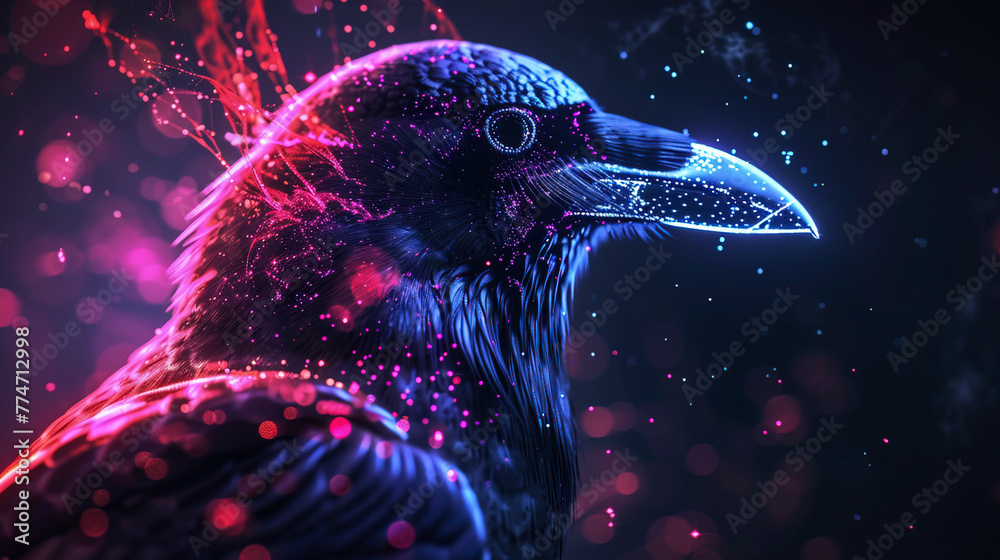 Fototapeta premium Black raven, abstract neon background.