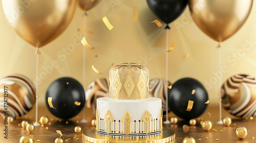 An art deco inspired birthday cake with golden accents and geometric patterns, surrounded by gold and black balloons on a solid gold background. photo