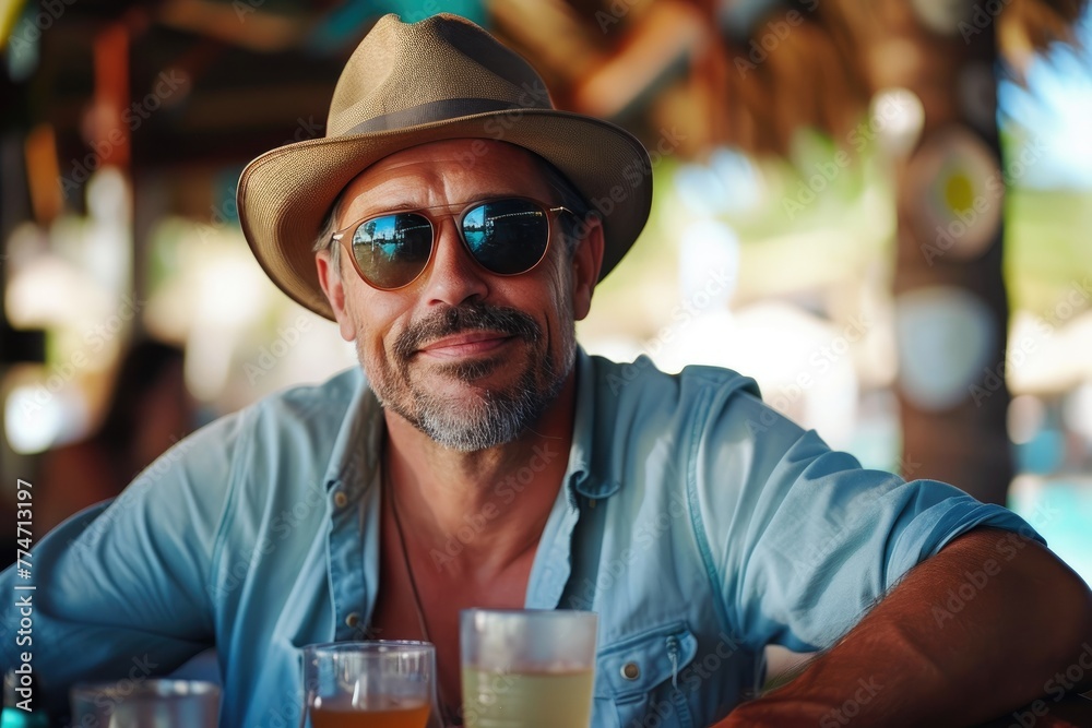Coastal Leisure: Handsome Man in Hat Savoring a Beverage