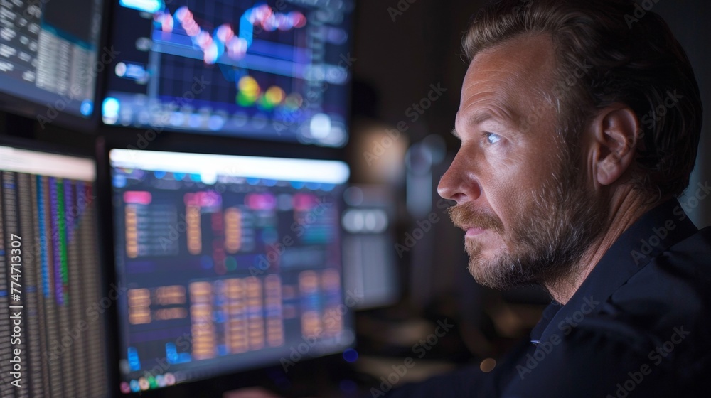 A man in a black shirt staring at multiple monitors, AI A man in a black shirt staring at multiple monitors, AI