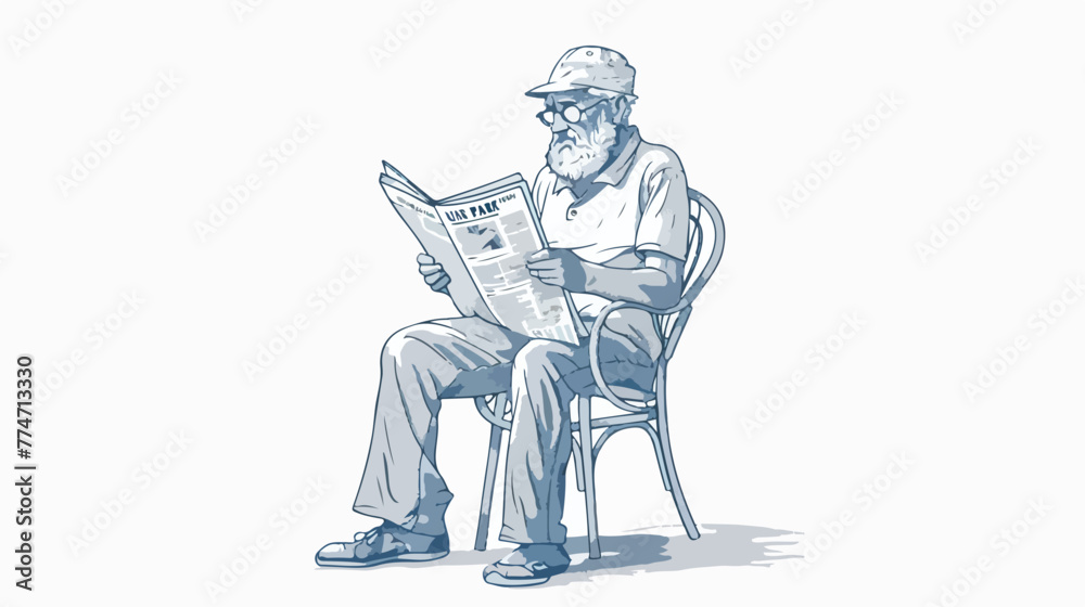 Old man sitting reading newspaper Hand drawn line art