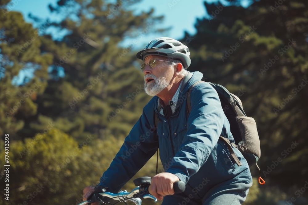 Fototapeta premium Biking for Wellness: Mature Cyclist Embracing Outdoor Adventure