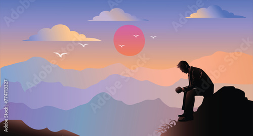 businessmen sitting on the mountains. Silhouette man  Climbing on mountain. Vector illustration hiking and climbing team. vector