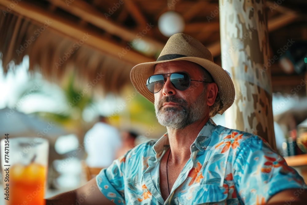 Sipping in Style: Middle-Aged Man at Beachfront Bar Sipping in Style: Middle-Aged Man at Beachfront Bar