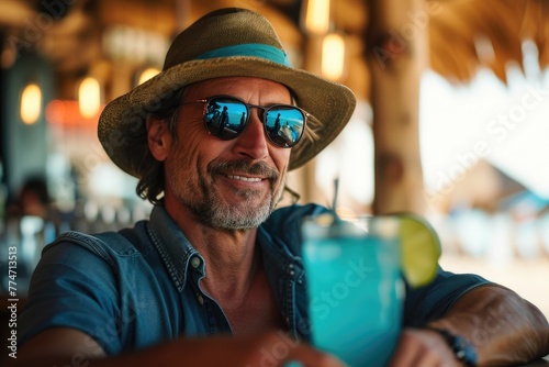 Tropical Rendezvous: Handsome Man in Hat Relaxing at Bar