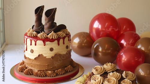 A wild west cowboy themed birthday cake with brown and red icing, featuring edible cowboy hats and boots, accompanied by brown and red balloons on a solid wild west background.