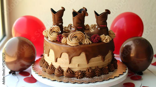 A wild west cowboy themed birthday cake with brown and red icing, featuring edible cowboy hats and boots, accompanied by brown and red balloons on a solid wild west background.