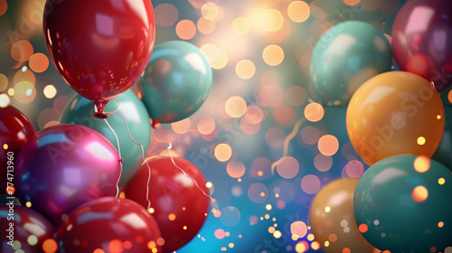 A whimsical happy birthday background with a blend of floating balloons and fairy lights, creating a magical atmosphere around a central copyspace.
