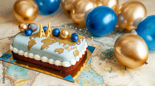 A vintage travel themed birthday cake with world map icing and edible landmarks, next to blue and gold balloons on a solid vintage map background.