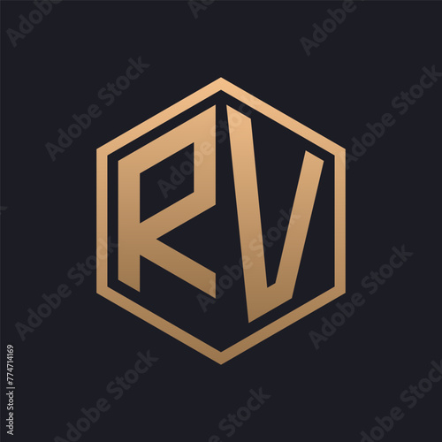 Elegant Hexagon Letter RV Logo Design. Initial Luxurious RV Logo Template