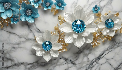 Opulent Floral Wallpaper: 3D White Flowers with Blue Diamond Accents
