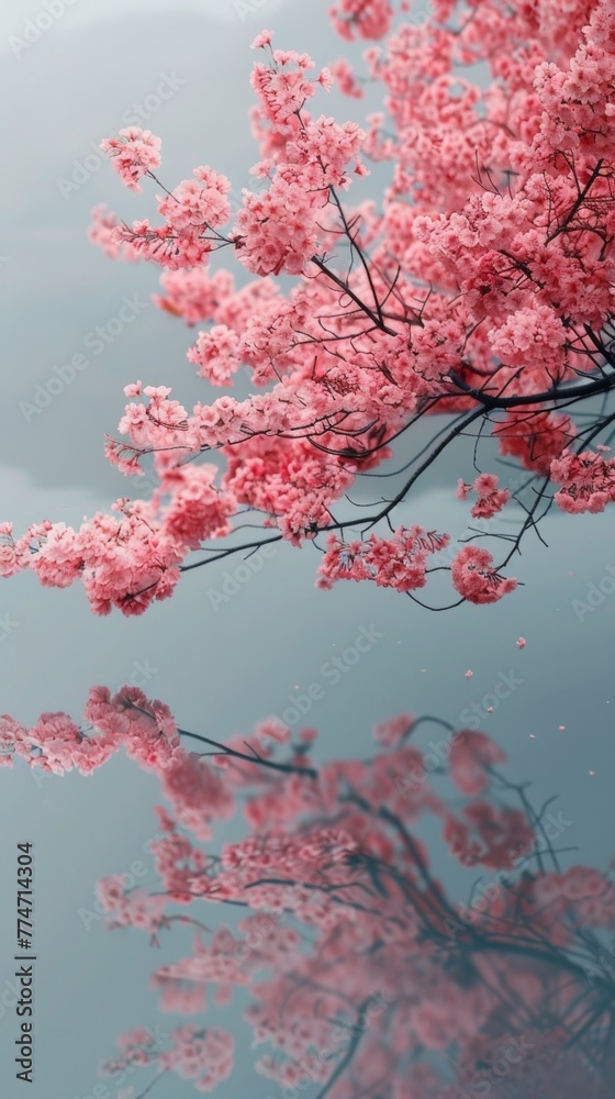A tree with pink flowers and a reflection of the water, AI