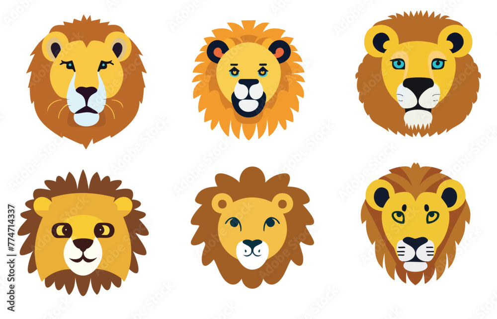 Obraz premium Cartoon animal head set featuring lion, Fun illustration collection of baby animals in vector