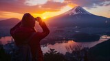 夕暮れの富士山をスマートフォンで撮影する旅行者
