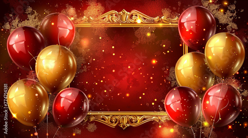 A vibrant happy birthday background with glossy red and gold balloons framing a baroque-style golden frame, with red and gold glitter sparks against a deep red canvas.