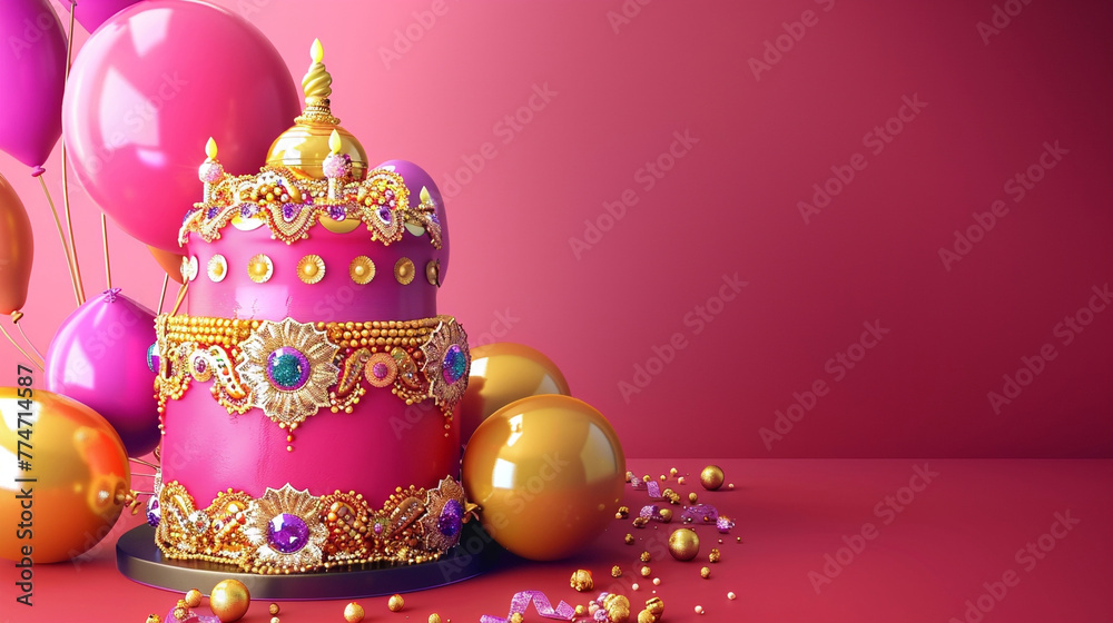 A vibrant Bollywood themed birthday cake with rich colors and edible jewels, accompanied by fuchsia and gold balloons on a solid vibrant magenta background. - obrazy, fototapety, plakaty 