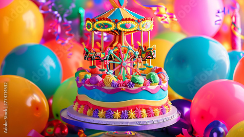 A vibrant carnival at night themed birthday cake with bright colors and edible ferris wheel and carousel, surrounded by neon colored balloons on a solid carnival night background.