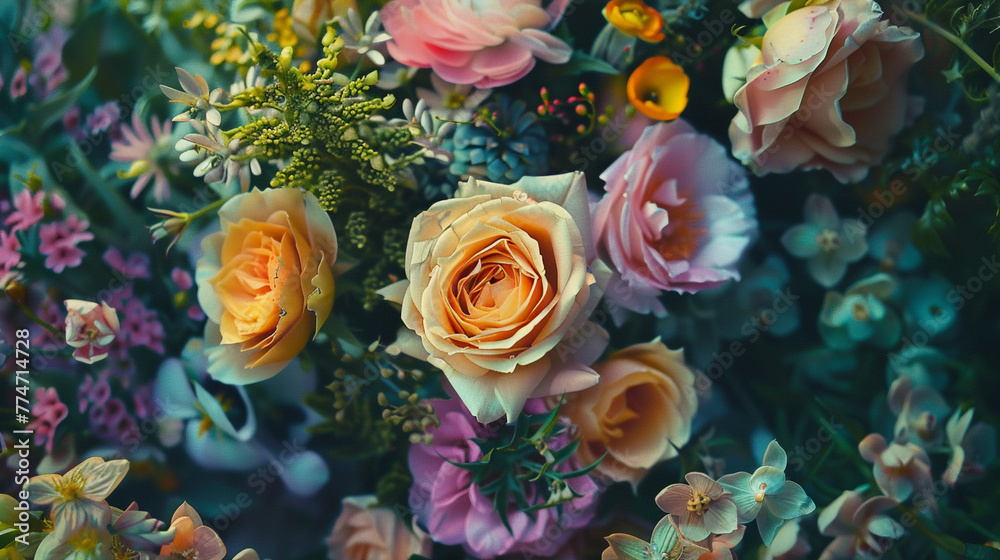 A burst of color and fragrance frozen in time, as delicate petals and lush foliage come together to create a mixed flower bouquet that's nothing short of spectacular. 8K.