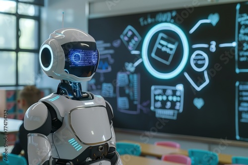 Robot in a futuristic classroom with digital learning screen, technology in education. defocus