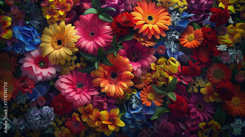 A burst of vibrant colors captured in ultra-high definition, showcasing the dynamic energy and beauty of a mixed flower bouquet in full bloom. 8K.