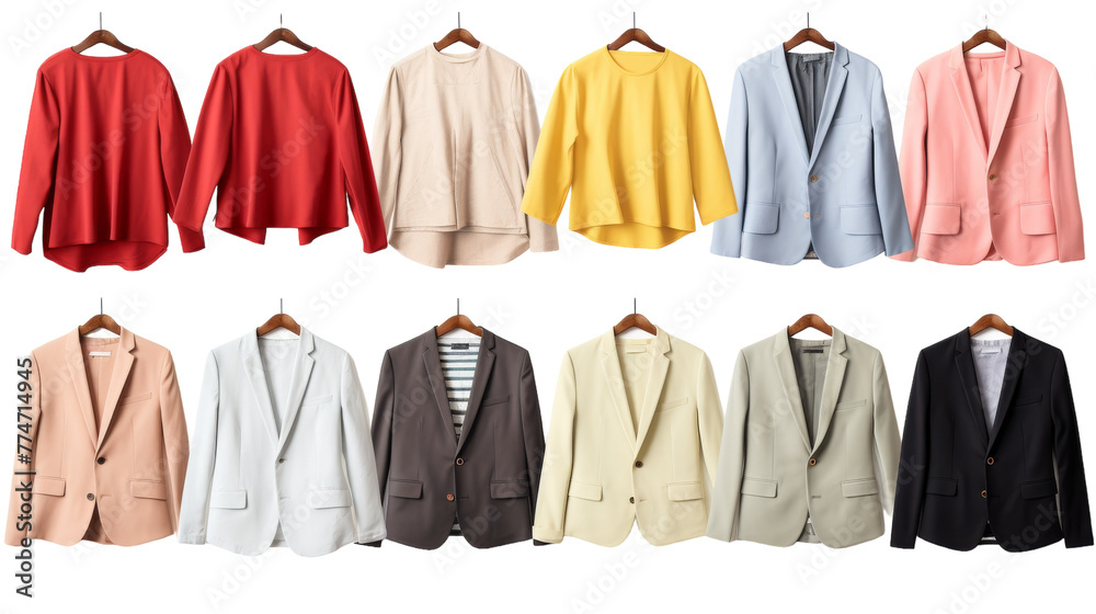 A variety of jackets in different colors and styles hanging on a rack A variety of jackets in different colors and styles hanging on a rack