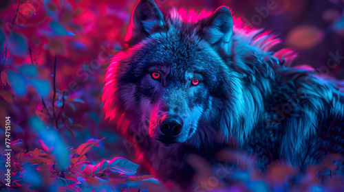 Portrait of a wolf in the forest in neon light.
