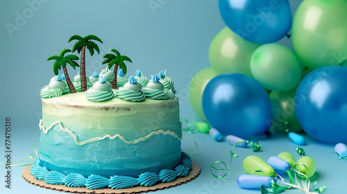 A tropical island paradise themed birthday cake with blue and green icing, resembling the ocean and palm trees, next to blue and green balloons on a solid paradise blue background.