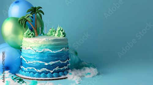 A tropical island paradise themed birthday cake with blue and green icing, resembling the ocean and palm trees, next to blue and green balloons on a solid paradise blue background.