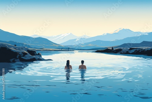 couple in natural hot spring in winter illustration