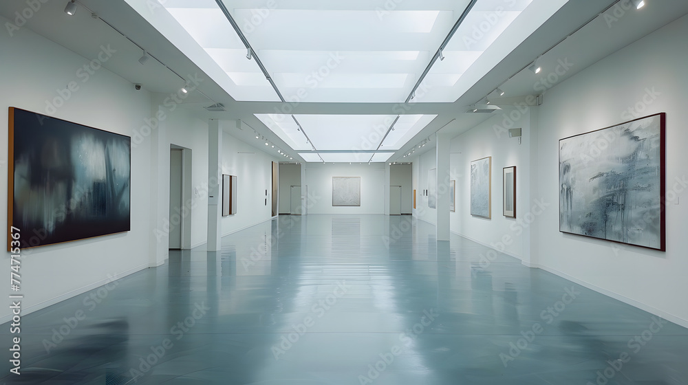 An art gallery with beautiful paintings displayed on minimalist white walls