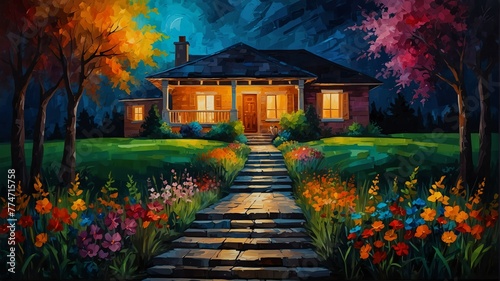 night colorful theme house landscape garden flowers summer abstract oil pallet knife paint painting on canvas large brush strokes art illustration background from Generative AI