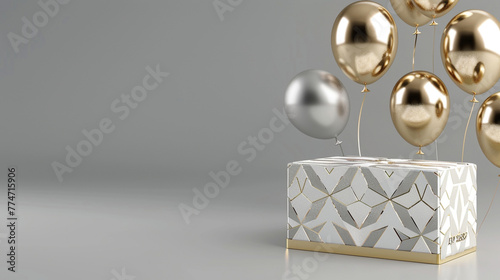 A sleek, modern birthday cake with geometric patterns in gold and white, next to floating metallic balloons on a solid grey background.