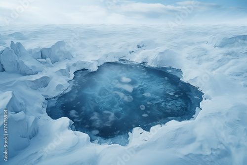 Aerial view of a deep blue lake in a snowy arctic landscape.