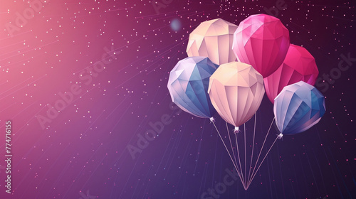 A sleek and modern happy birthday vector background template, with 3D geometric balloons floating over a subtle linear gradient, giving the illusion of a crisp HD image.