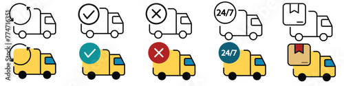 Delivery service icon set in line style. Logistic trucking, Express delivery trucks, Fast shipping truck, delivery 24 hours simple black style symbol sign for apps and website, vector illustration