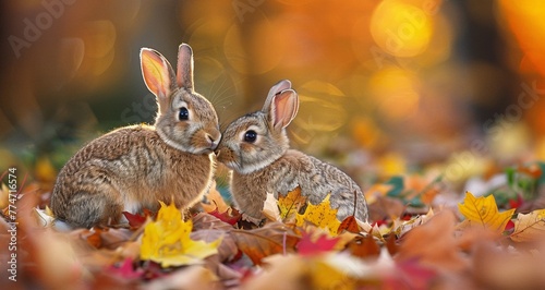 Fall Favorites Two Bunnies Nuzzling in a Pile of Leaves Generative AI
