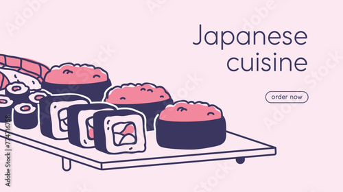 Asian food ordering website interface. Sushi rolls, maki and gunkan delivery, web-page background design. Japanese cuisine, Japan restaurant site, webpage UI template. Flat vector illustration