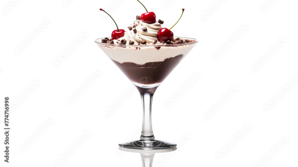 Indulge in a rich chocolate dessert topped with cherries in a stylish martini glass Indulge in a rich chocolate dessert topped with cherries in a stylish martini glass